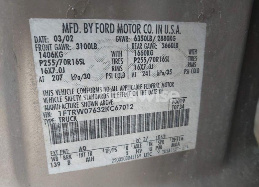 Photo 9 of 2002 Ford F-150 LARIAT/XLT (VIN 1FTRW07632KC67012)