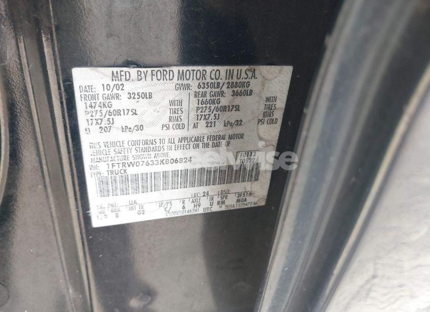 Photo 9 of 2003 Ford F-150 LARIAT/XLT (VIN 1FTRW07633KB06824)