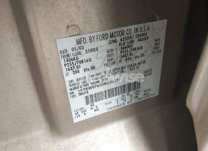 Photo 9 of 2003 Ford F-150 LARIAT/XLT (VIN 1FTRW07633KD34371)