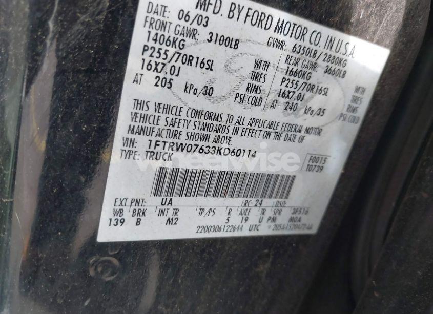 Photo 9 of 2003 Ford F-150 LARIAT/XLT (VIN 1FTRW07633KD60114)