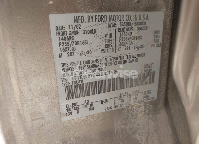 Photo 9 of 2003 Ford F-150 LARIAT/XLT (VIN 1FTRW07643KB31926)