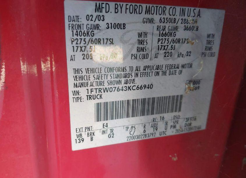 Photo 9 of 2003 Ford F-150 LARIAT/XLT (VIN 1FTRW07643KC66940)