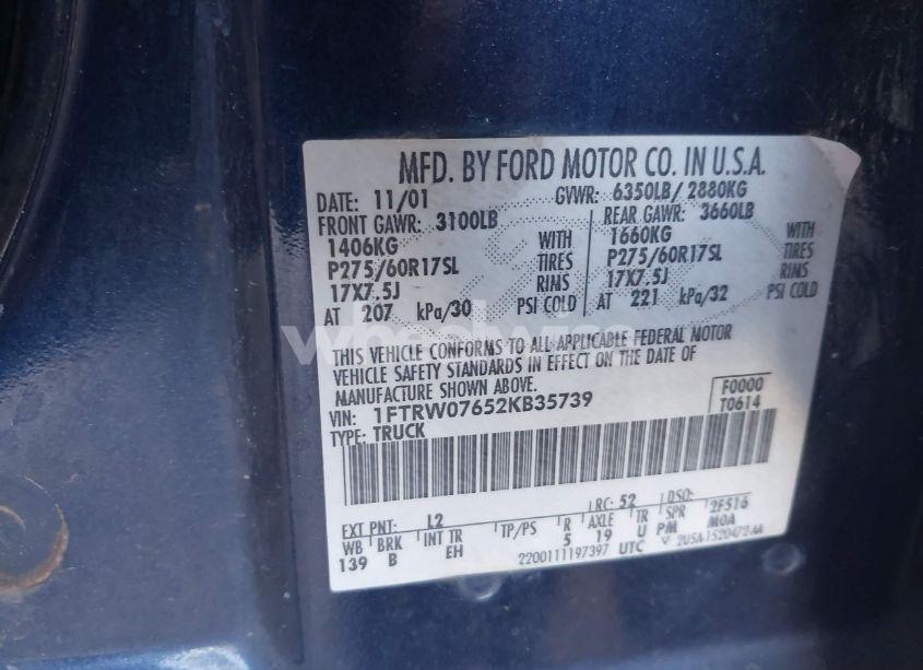 Photo 9 of 2002 Ford F-150 LARIAT/XLT (VIN 1FTRW07652KB35739)