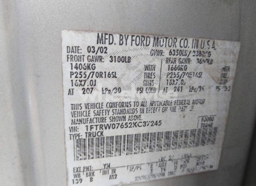 Photo 9 of 2002 Ford F-150 LARIAT/XLT (VIN 1FTRW07652KC87245)