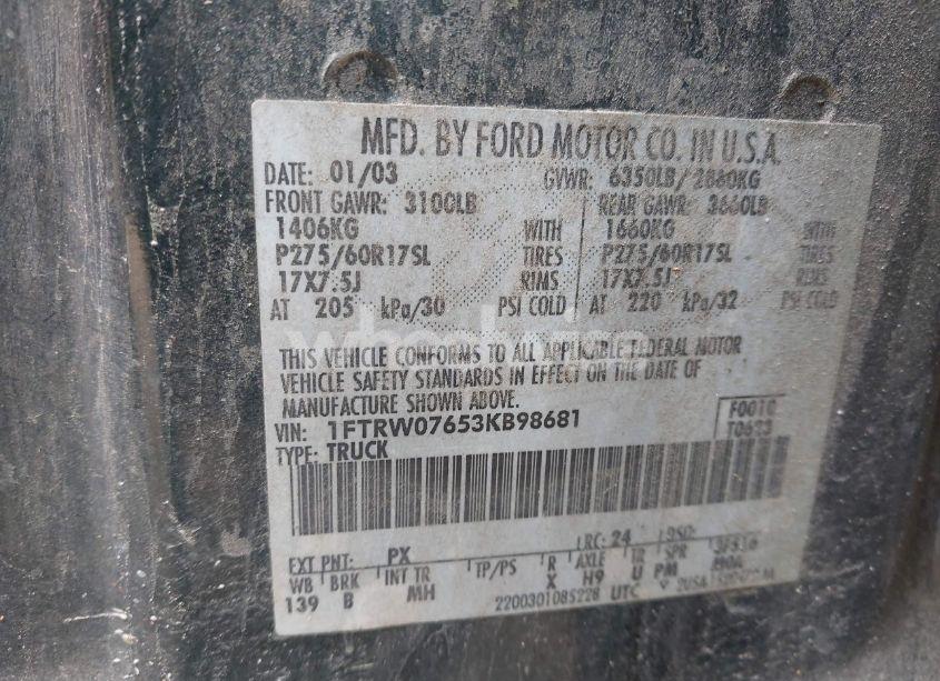 Photo 9 of 2003 Ford F-150 LARIAT/XLT (VIN 1FTRW07653KB98681)