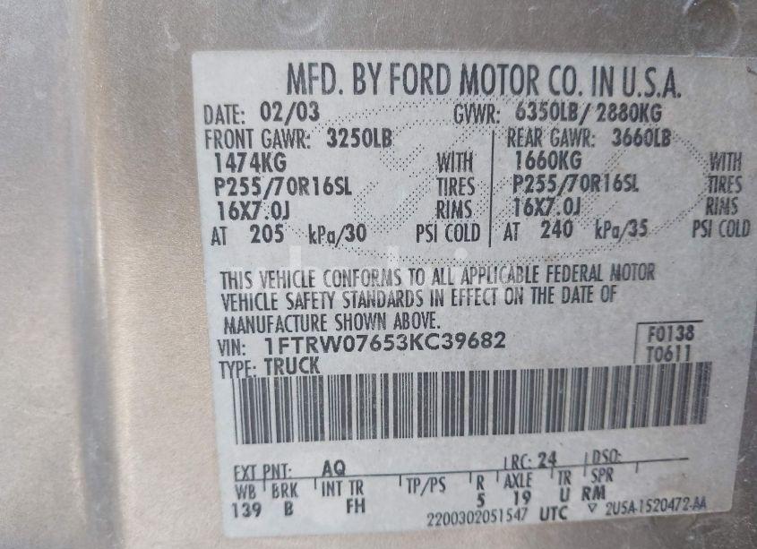 Photo 9 of 2003 Ford F-150 LARIAT/XLT (VIN 1FTRW07653KC39682)