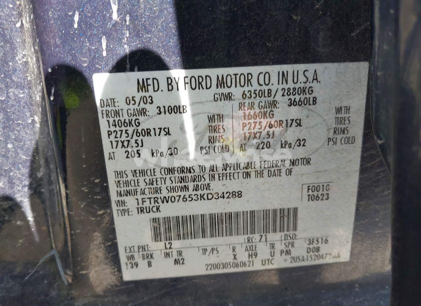 Photo 9 of 2003 Ford F-150 LARIAT/XLT (VIN 1FTRW07653KD34288)