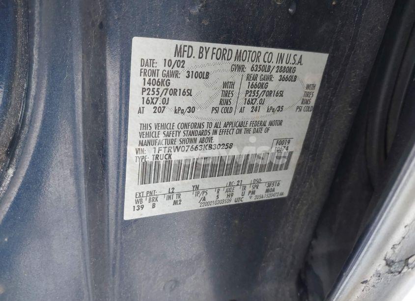 Photo 9 of 2003 Ford F-150 LARIAT/XLT (VIN 1FTRW07663KB30258)