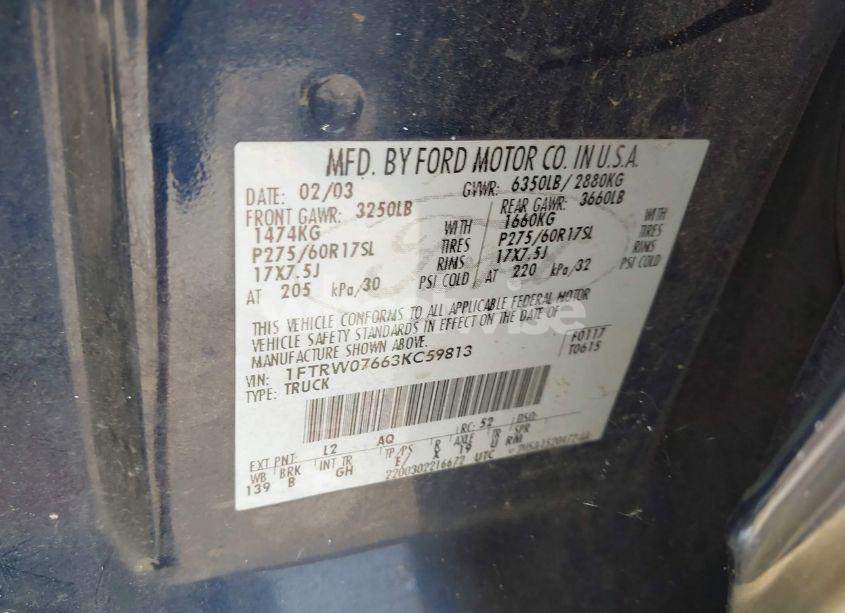 Photo 9 of 2003 Ford F-150 LARIAT/XLT (VIN 1FTRW07663KC59813)