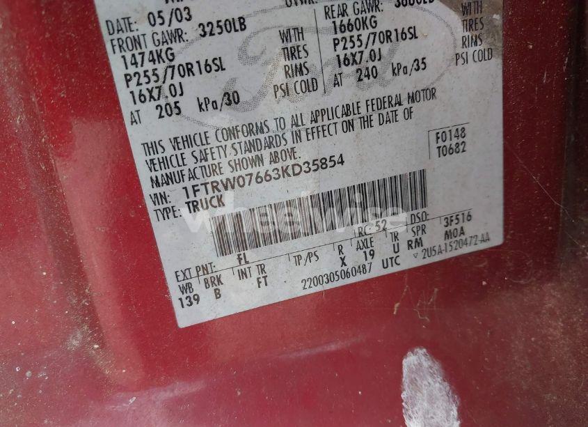 Photo 9 of 2003 Ford F-150 LARIAT/XLT (VIN 1FTRW07663KD35854)