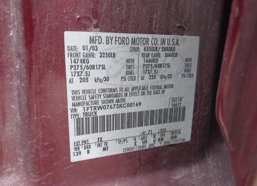 Photo 9 of 2003 Ford F-150 LARIAT/XLT (VIN 1FTRW07673KC00169)