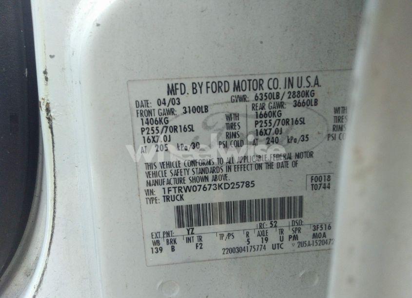 Photo 9 of 2003 Ford F-150 LARIAT/XLT (VIN 1FTRW07673KD25785)