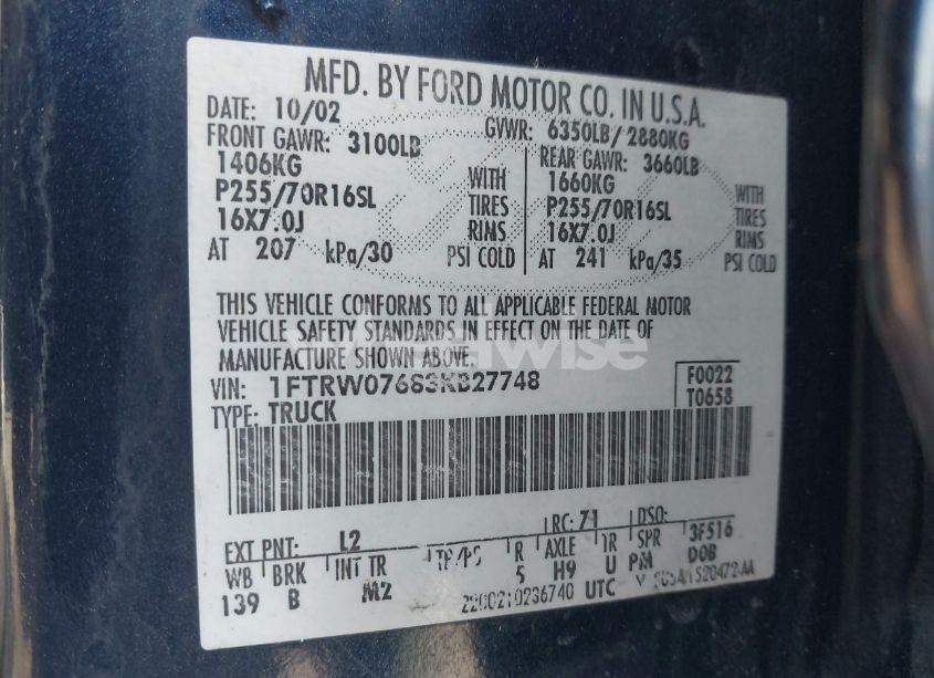 Photo 18 of 2003 Ford F-150 LARIAT/XLT (VIN 1FTRW07683KB27748)