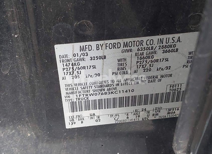 Photo 9 of 2003 Ford F-150 LARIAT/XLT (VIN 1FTRW07683KC11410)