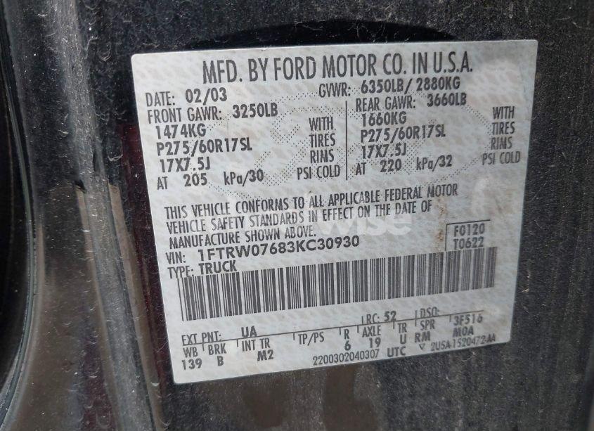 Photo 9 of 2003 Ford F-150 LARIAT/XLT (VIN 1FTRW07683KC30930)