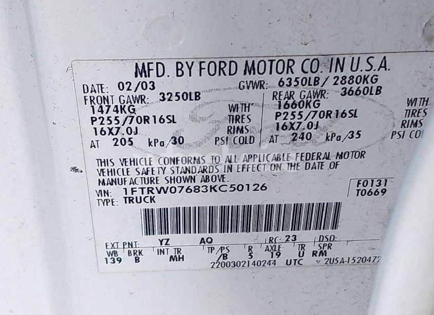 Photo 9 of 2003 Ford F-150 LARIAT/XLT (VIN 1FTRW07683KC50126)