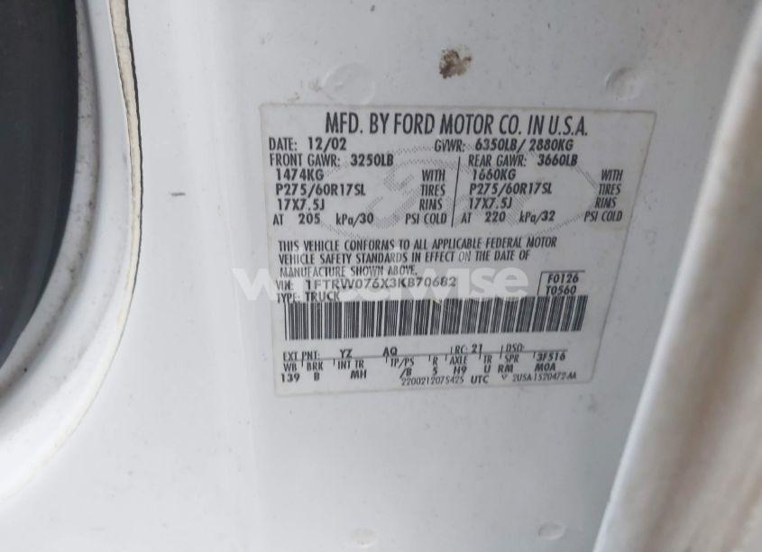 Photo 9 of 2003 Ford F-150 LARIAT/XLT (VIN 1FTRW076X3KB70682)