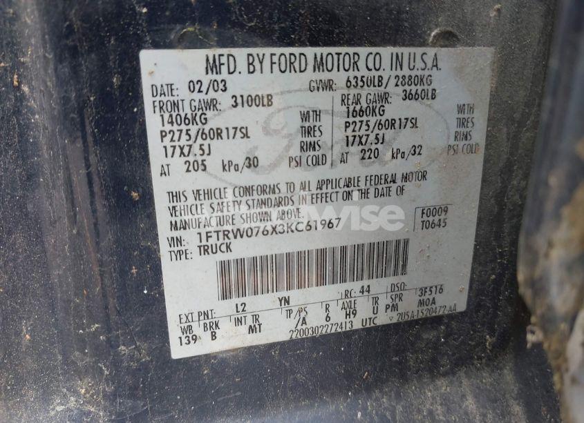 Photo 9 of 2003 Ford F-150 LARIAT/XLT (VIN 1FTRW076X3KC61967)