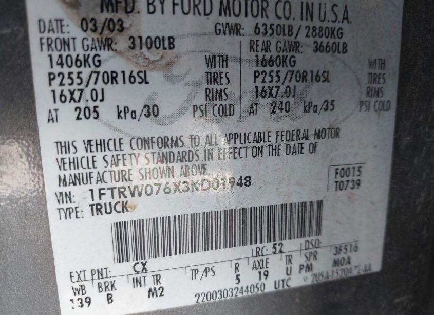 Photo 9 of 2003 Ford F-150 LARIAT/XLT (VIN 1FTRW076X3KD01948)