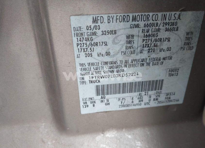 Photo 9 of 2003 Ford F-150 LARIAT/XLT (VIN 1FTRW07L03KD52221)