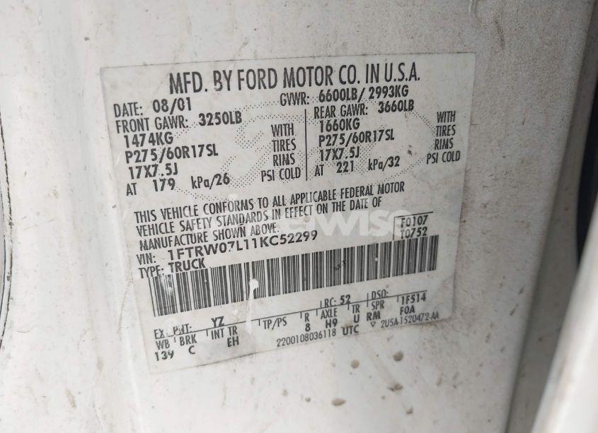 Photo 9 of 2001 Ford F-150 HARLEY-DAVIDSON EDITION/KING RANCH EDITION/LARIAT/XLT (VIN 1FTRW07L11KC52299)