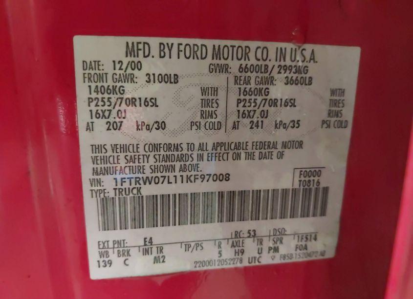 Photo 9 of 2001 Ford F-150 HARLEY-DAVIDSON EDITION/KING RANCH EDITION/LARIAT/XLT (VIN 1FTRW07L11KF97008)
