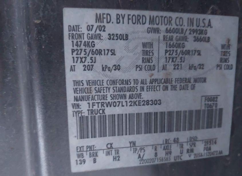 Photo 9 of 2002 Ford F-150 LARIAT/XLT (VIN 1FTRW07L12KE28303)