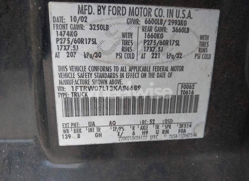 Photo 9 of 2003 Ford F-150 LARIAT/XLT (VIN 1FTRW07L13KA86689)