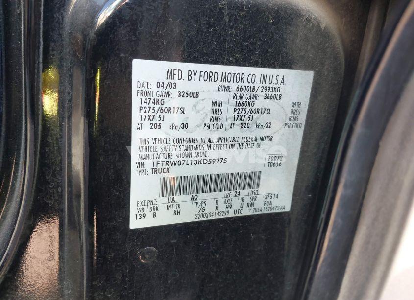 Photo 9 of 2003 Ford F-150 LARIAT/XLT (VIN 1FTRW07L13KD59775)