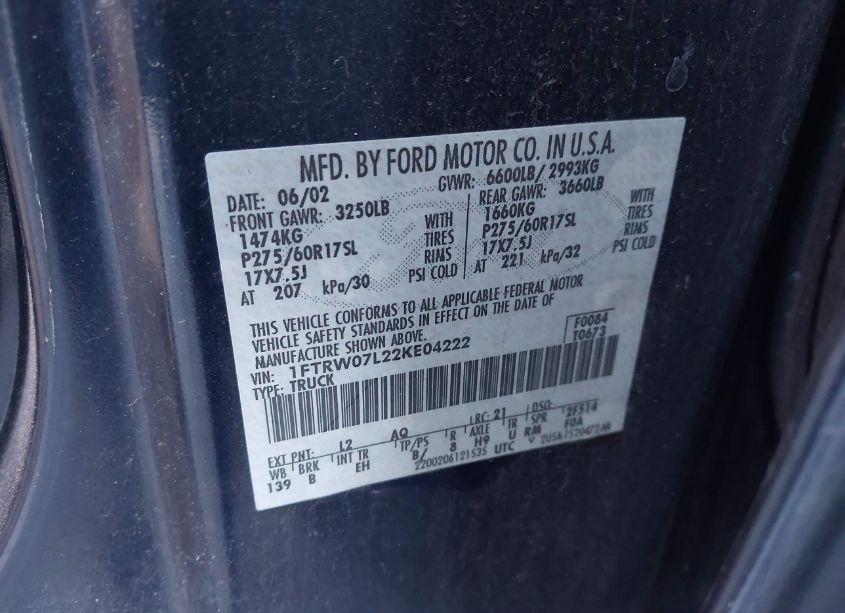 Photo 9 of 2002 Ford F-150 LARIAT/XLT (VIN 1FTRW07L22KE04222)