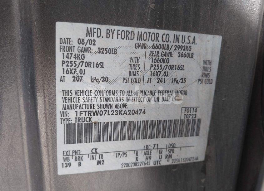 Photo 9 of 2003 Ford F-150 LARIAT/XLT (VIN 1FTRW07L23KA20474)