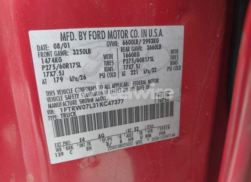 Photo 9 of 2001 Ford F-150 HARLEY-DAVIDSON EDITION/KING RANCH EDITION/LARIAT/XLT (VIN 1FTRW07L31KC47377)