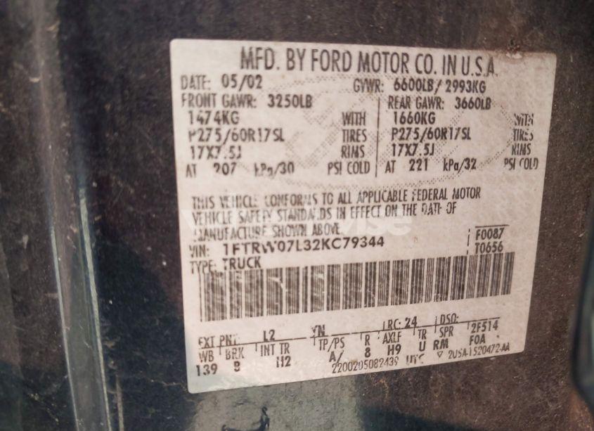 Photo 9 of 2002 Ford F-150 LARIAT/XLT (VIN 1FTRW07L32KC79344)