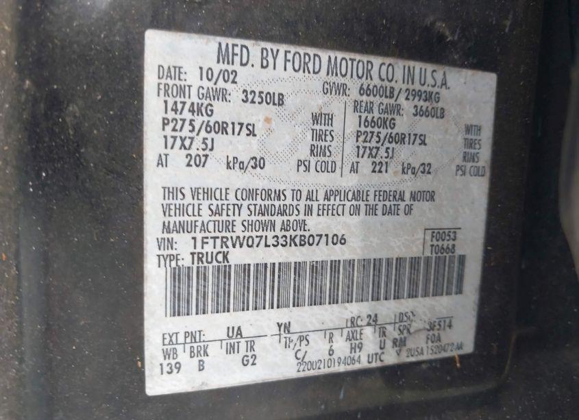 Photo 9 of 2003 Ford F-150 LARIAT/XLT (VIN 1FTRW07L33KB07106)