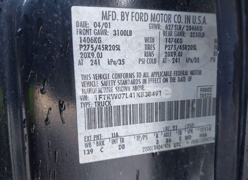 Photo 9 of 2001 Ford F-150 HARLEY-DAVIDSON EDITION/KING RANCH EDITION/LARIAT/XLT (VIN 1FTRW07L41KB38491)