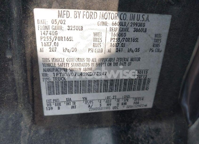 Photo 9 of 2002 Ford F-150 LARIAT/XLT (VIN 1FTRW07L42KD74947)