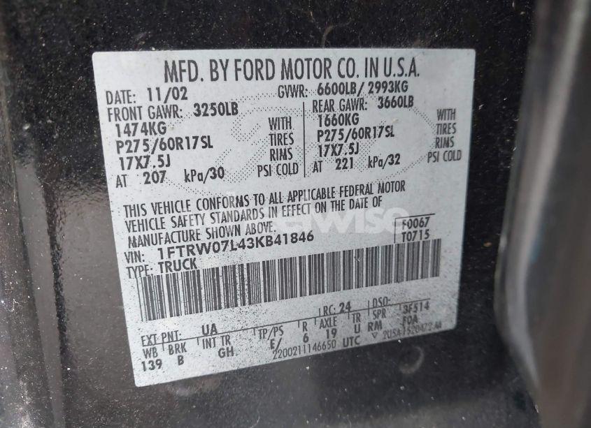 Photo 9 of 2003 Ford F-150 LARIAT/XLT (VIN 1FTRW07L43KB41846)