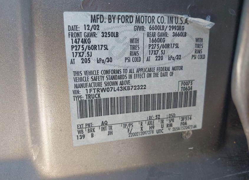 Photo 9 of 2003 Ford F-150 LARIAT/XLT (VIN 1FTRW07L43KB72322)