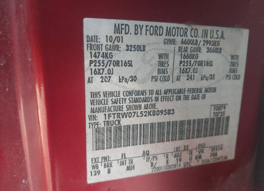 Photo 9 of 2002 Ford F-150 LARIAT/XLT (VIN 1FTRW07L52KB09583)