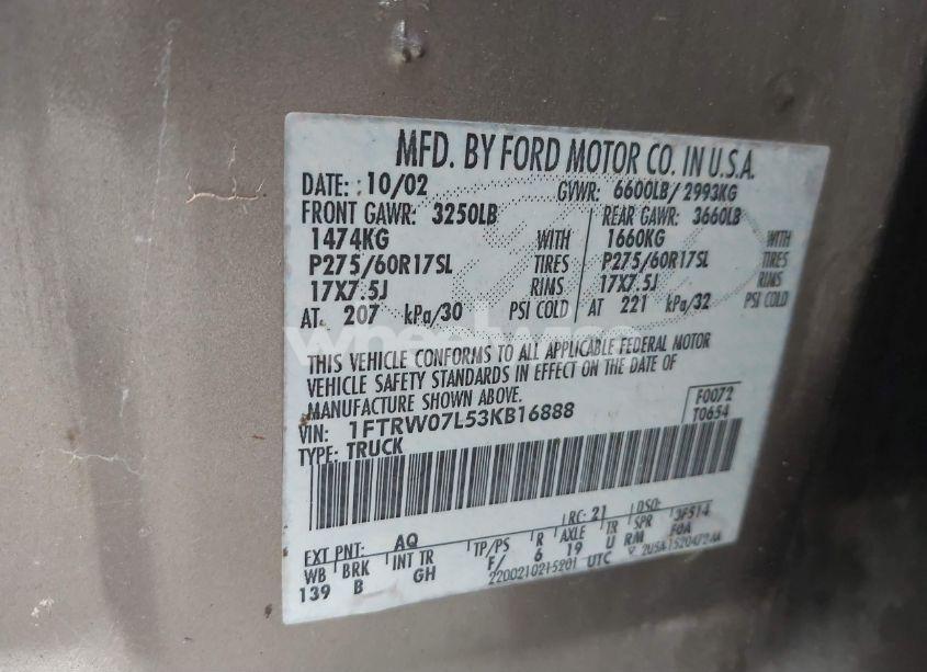 Photo 9 of 2003 Ford F-150 LARIAT/XLT (VIN 1FTRW07L53KB16888)