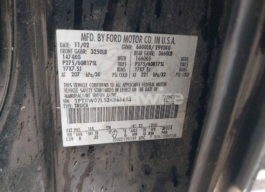 Photo 9 of 2003 Ford F-150 LARIAT/XLT (VIN 1FTRW07L53KB61653)