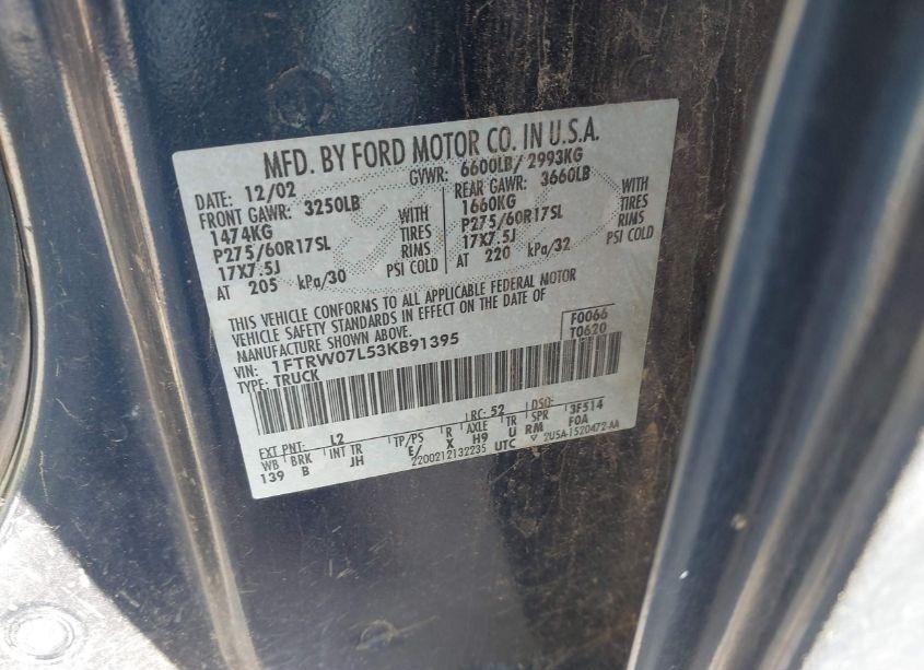 Photo 9 of 2003 Ford F-150 LARIAT/XLT (VIN 1FTRW07L53KB91395)