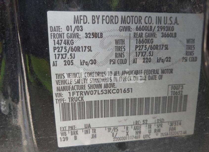 Photo 9 of 2003 Ford F-150 LARIAT/XLT (VIN 1FTRW07L53KC01651)