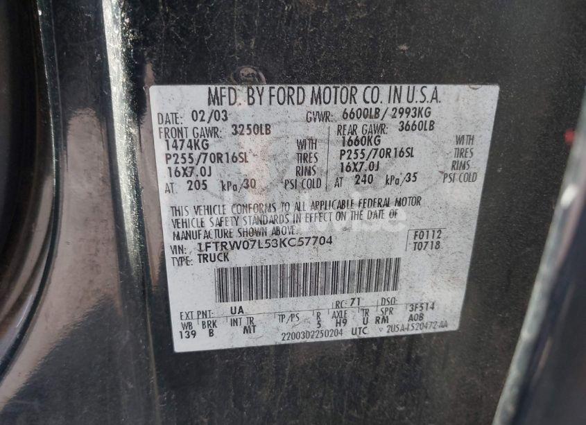 Photo 9 of 2003 Ford F-150 LARIAT/XLT (VIN 1FTRW07L53KC57704)