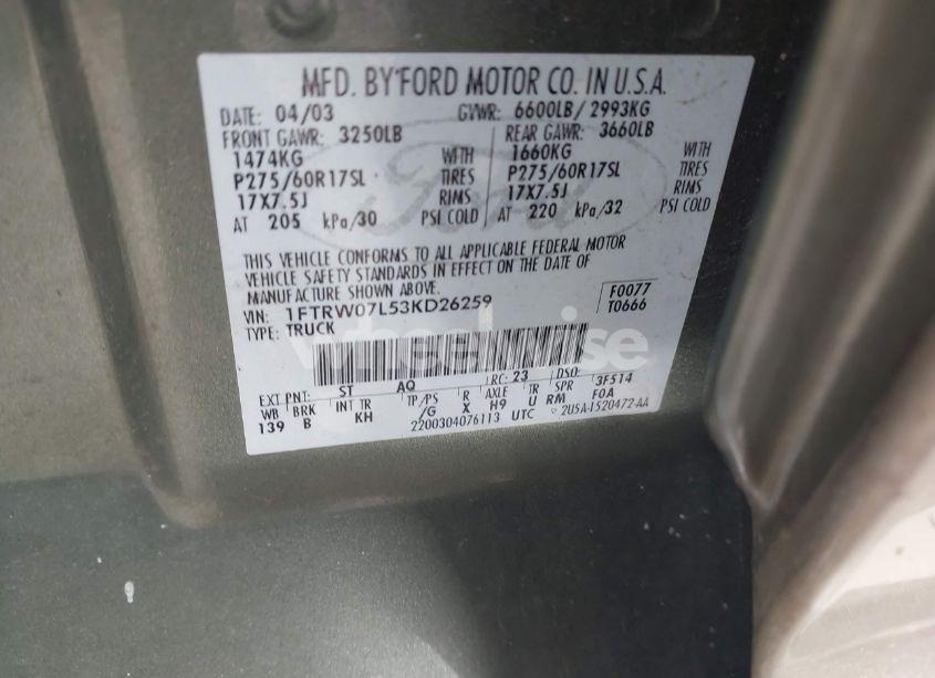 Photo 9 of 2003 Ford F-150 LARIAT/XLT (VIN 1FTRW07L53KD26259)