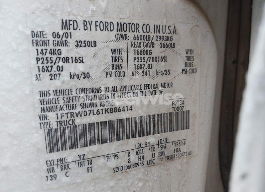 Photo 9 of 2001 Ford F-150 HARLEY-DAVIDSON EDITION/KING RANCH EDITION/LARIAT/XLT (VIN 1FTRW07L61KB86414)