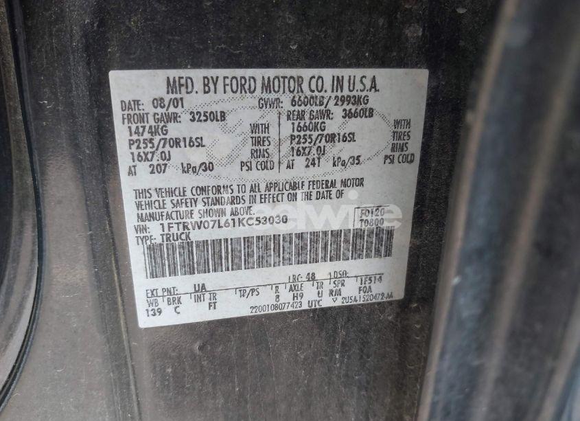 Photo 9 of 2001 Ford F-150 HARLEY-DAVIDSON EDITION/KING RANCH EDITION/LARIAT/XLT (VIN 1FTRW07L61KC53030)