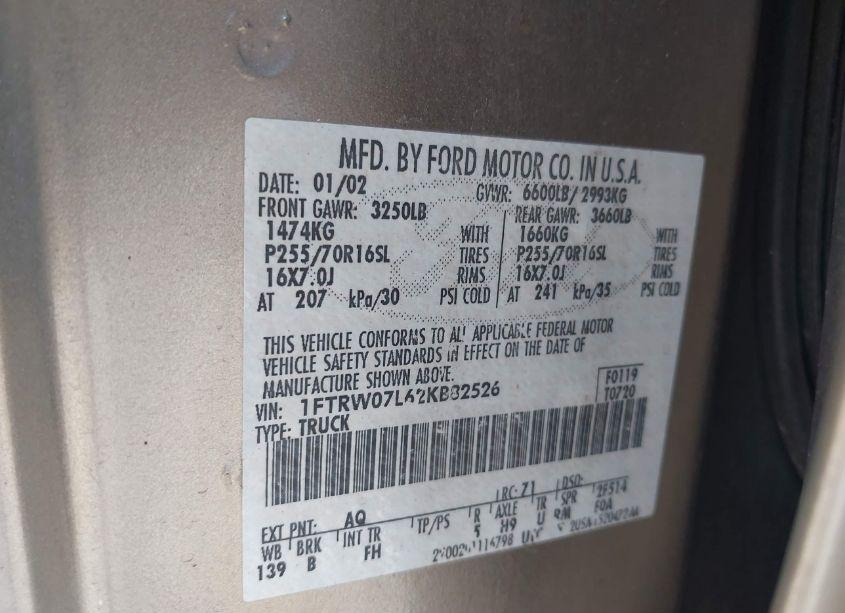 Photo 9 of 2002 Ford F-150 LARIAT/XLT (VIN 1FTRW07L62KB82526)