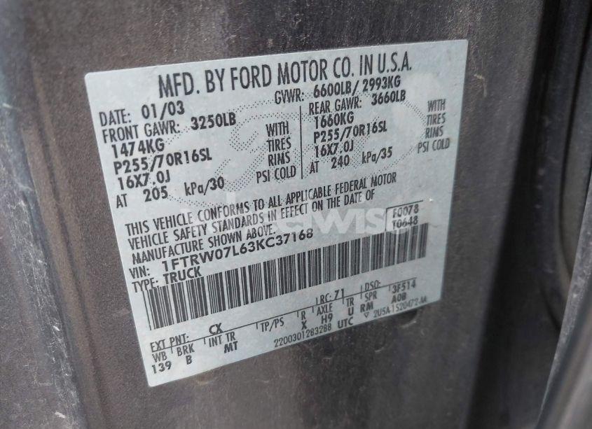 Photo 9 of 2003 Ford F-150 LARIAT/XLT (VIN 1FTRW07L63KC37168)