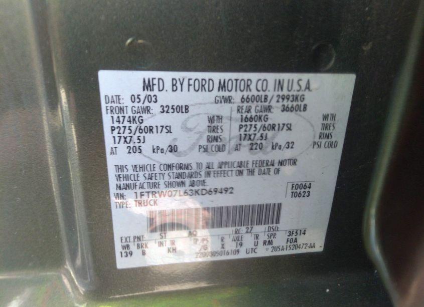 Photo 9 of 2003 Ford F-150 XLT/LARIAT (VIN 1FTRW07L63KD69492)